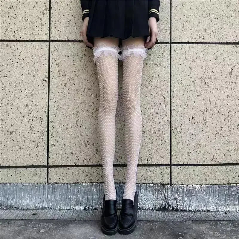 Sexy Red Edge New Over The Knee Long Socks Gothic Lace Transparent Thigh High Stockings Women Punk JK Thin Silk Solid Hosiery