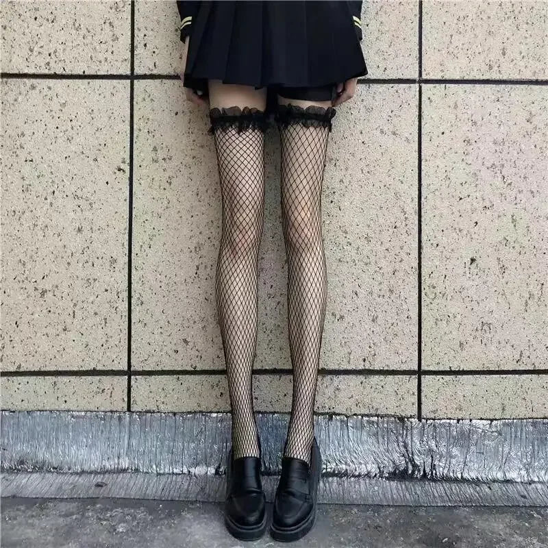 Sexy Red Edge New Over The Knee Long Socks Gothic Lace Transparent Thigh High Stockings Women Punk JK Thin Silk Solid Hosiery