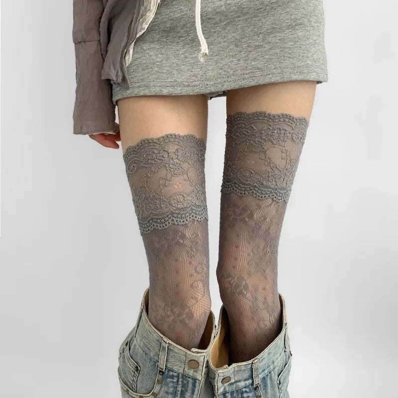 Sexy Red Edge New Over The Knee Long Socks Gothic Lace Transparent Thigh High Stockings Women Punk JK Thin Silk Solid Hosiery