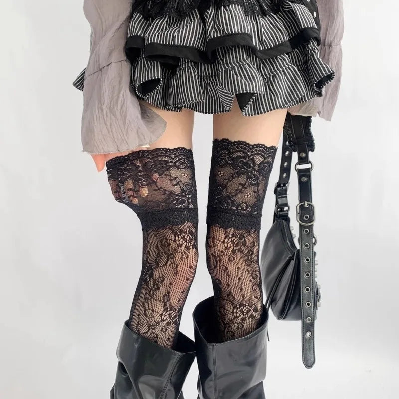Sexy Red Edge New Over The Knee Long Socks Gothic Lace Transparent Thigh High Stockings Women Punk JK Thin Silk Solid Hosiery