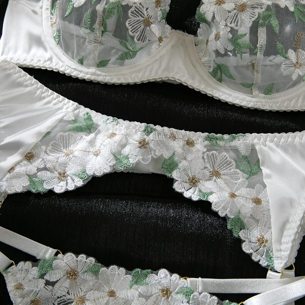 Sexy Women 3 Piece Floral Embroidery Underwear Sexy Erotic Lingerie Underwear Sexy Sets Romantic Lingeries Transparent Bra Sets