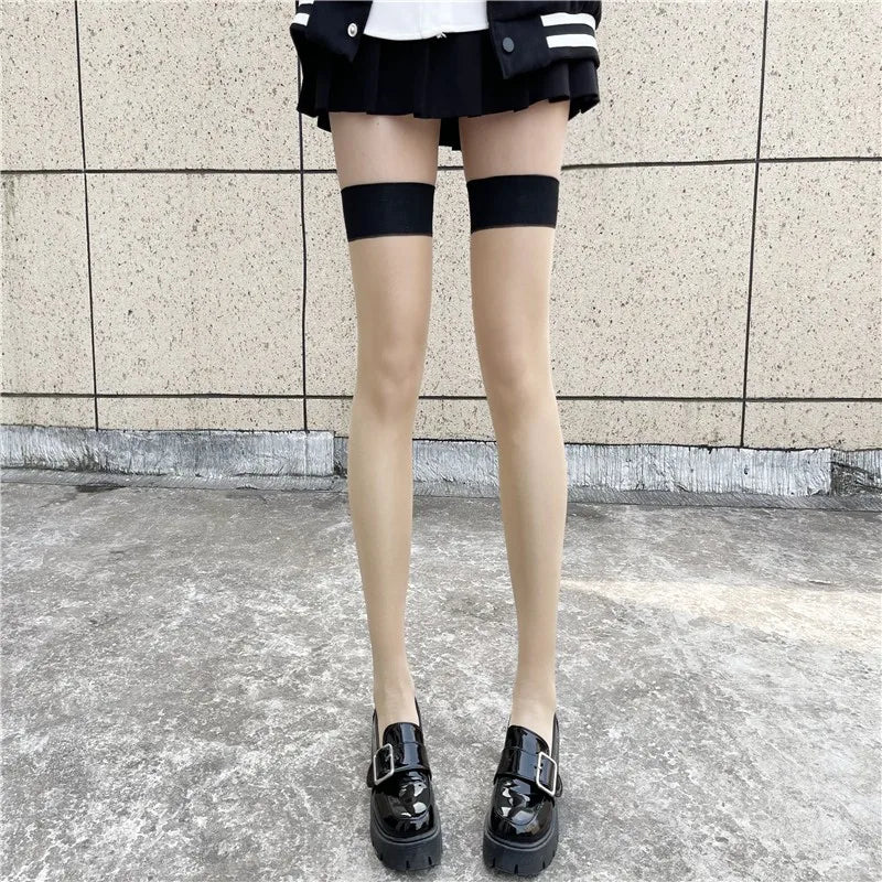 Sexy Red Edge New Over The Knee Long Socks Gothic Lace Transparent Thigh High Stockings Women Punk JK Thin Silk Solid Hosiery