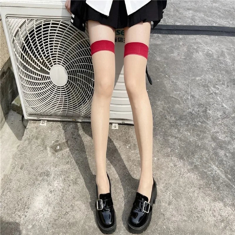 Sexy Red Edge New Over The Knee Long Socks Gothic Lace Transparent Thigh High Stockings Women Punk JK Thin Silk Solid Hosiery