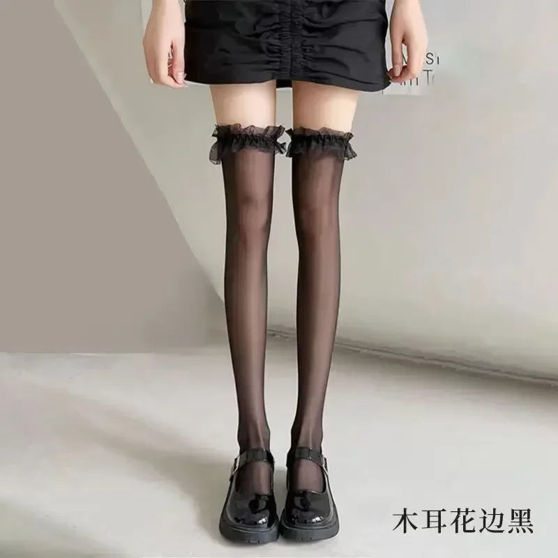 Sexy Red Edge New Over The Knee Long Socks Gothic Lace Transparent Thigh High Stockings Women Punk JK Thin Silk Solid Hosiery