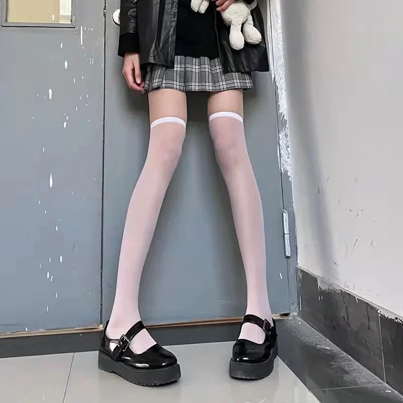 Sexy Red Edge New Over The Knee Long Socks Gothic Lace Transparent Thigh High Stockings Women Punk JK Thin Silk Solid Hosiery