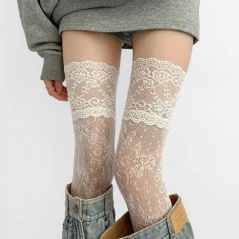 Sexy Red Edge New Over The Knee Long Socks Gothic Lace Transparent Thigh High Stockings Women Punk JK Thin Silk Solid Hosiery