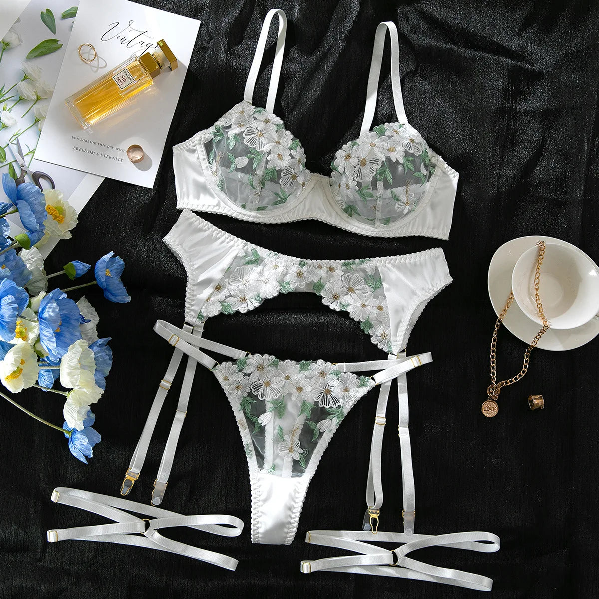 Sexy Women 3 Piece Floral Embroidery Underwear Sexy Erotic Lingerie Underwear Sexy Sets Romantic Lingeries Transparent Bra Sets
