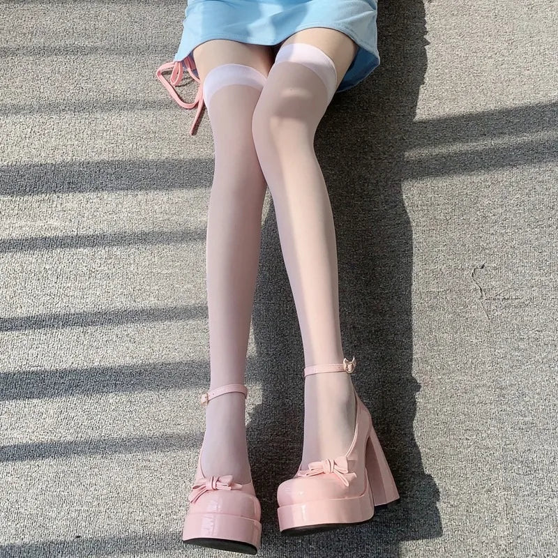Sexy Red Edge New Over The Knee Long Socks Gothic Lace Transparent Thigh High Stockings Women Punk JK Thin Silk Solid Hosiery