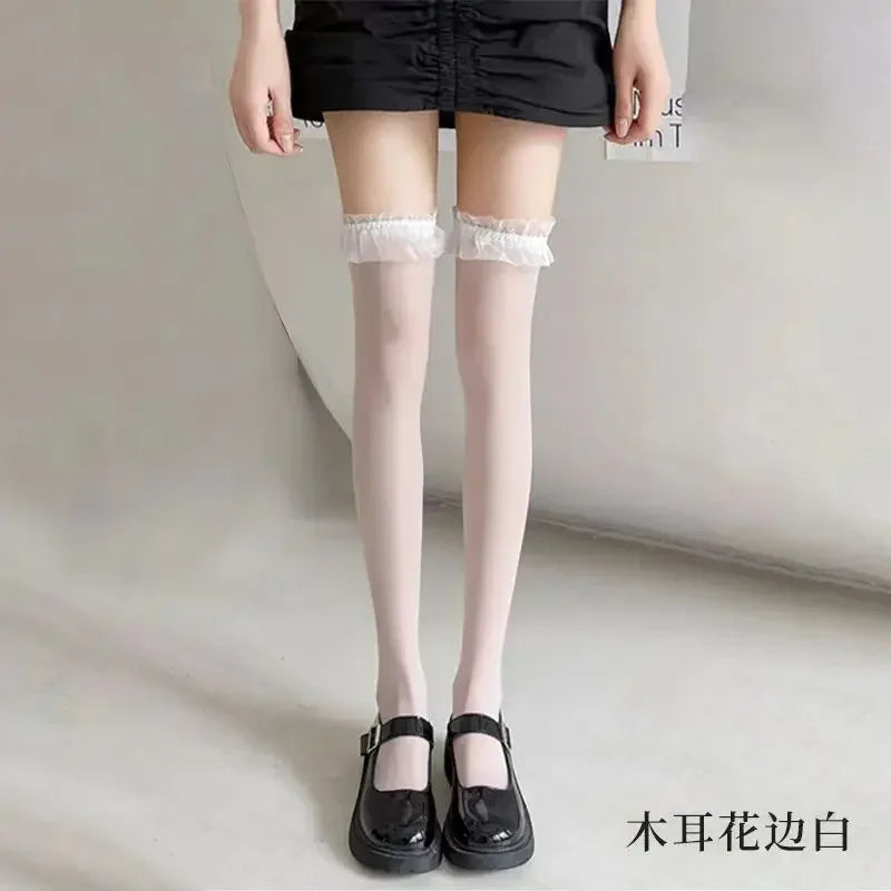 Sexy Red Edge New Over The Knee Long Socks Gothic Lace Transparent Thigh High Stockings Women Punk JK Thin Silk Solid Hosiery